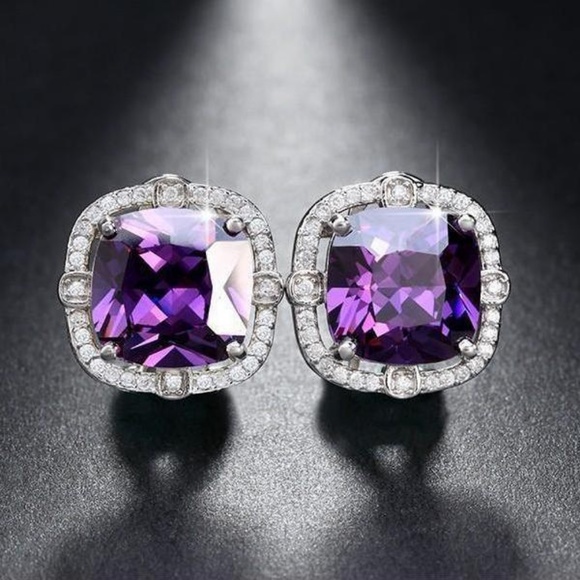 CZ Purple 4ct Cushion Cut Stud Earrings - Picture 1 of 6